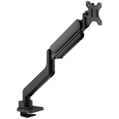 Nastavitelné rameno monitoru v černé barvě, upevněné na okraji stolu, určené k podpoře monitoru v ergonomické poloze.