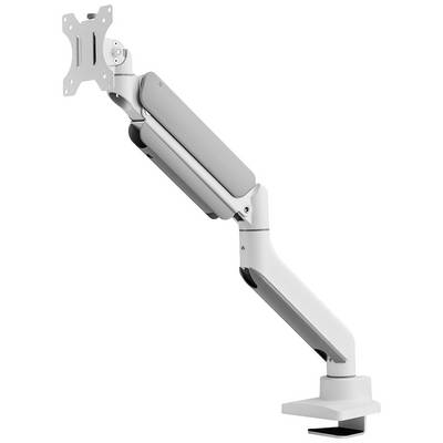 Bílé nastavitelné rameno monitoru s několika klouby a svorkou ke upevnění na stůl, ideální pro ergonomické používání.