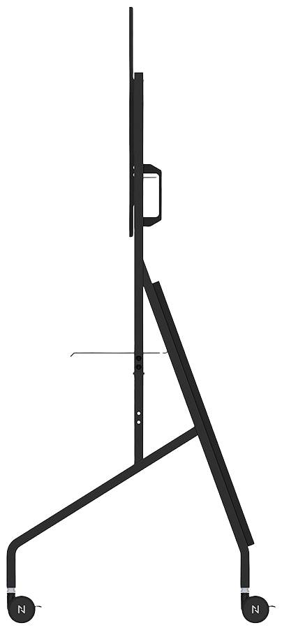 Boční pohled na stojan s displejem na kolečkách. Tenký design, pojezdový mechanismus pro snadný pohyb.