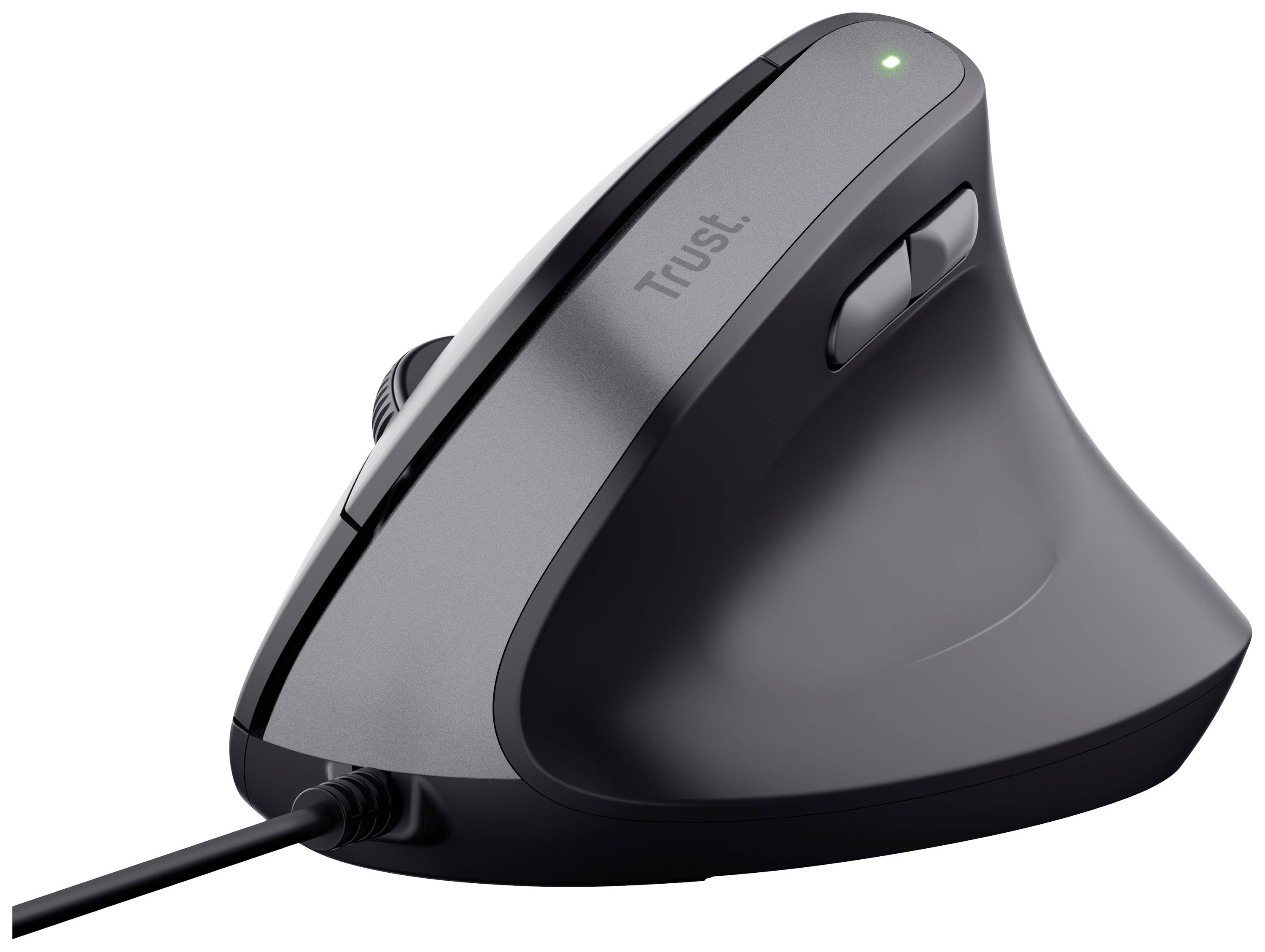 Vertikální ergonomická myš od Trust, černá, s tlačítky pro palec a kolečkem pro scrollování. LED indikátor svítí zeleně.