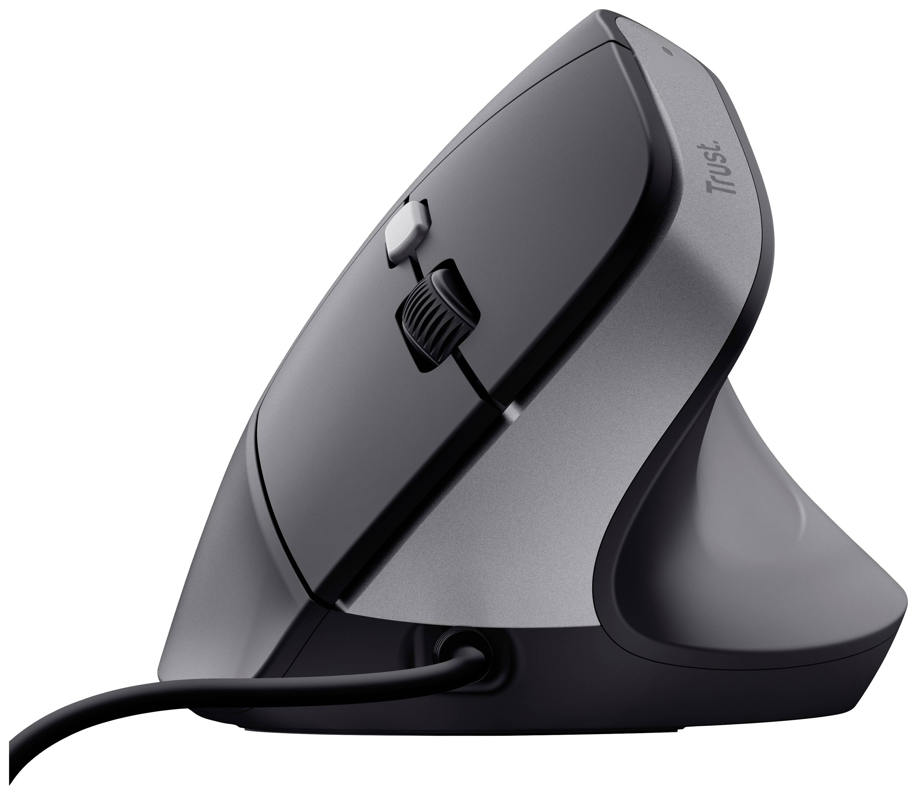 Ergonomická vertikální myš v černé a šedé barvě s kabelem, boční opěrkou pro palec a dvěma tlačítky s kolečkem nahoře.