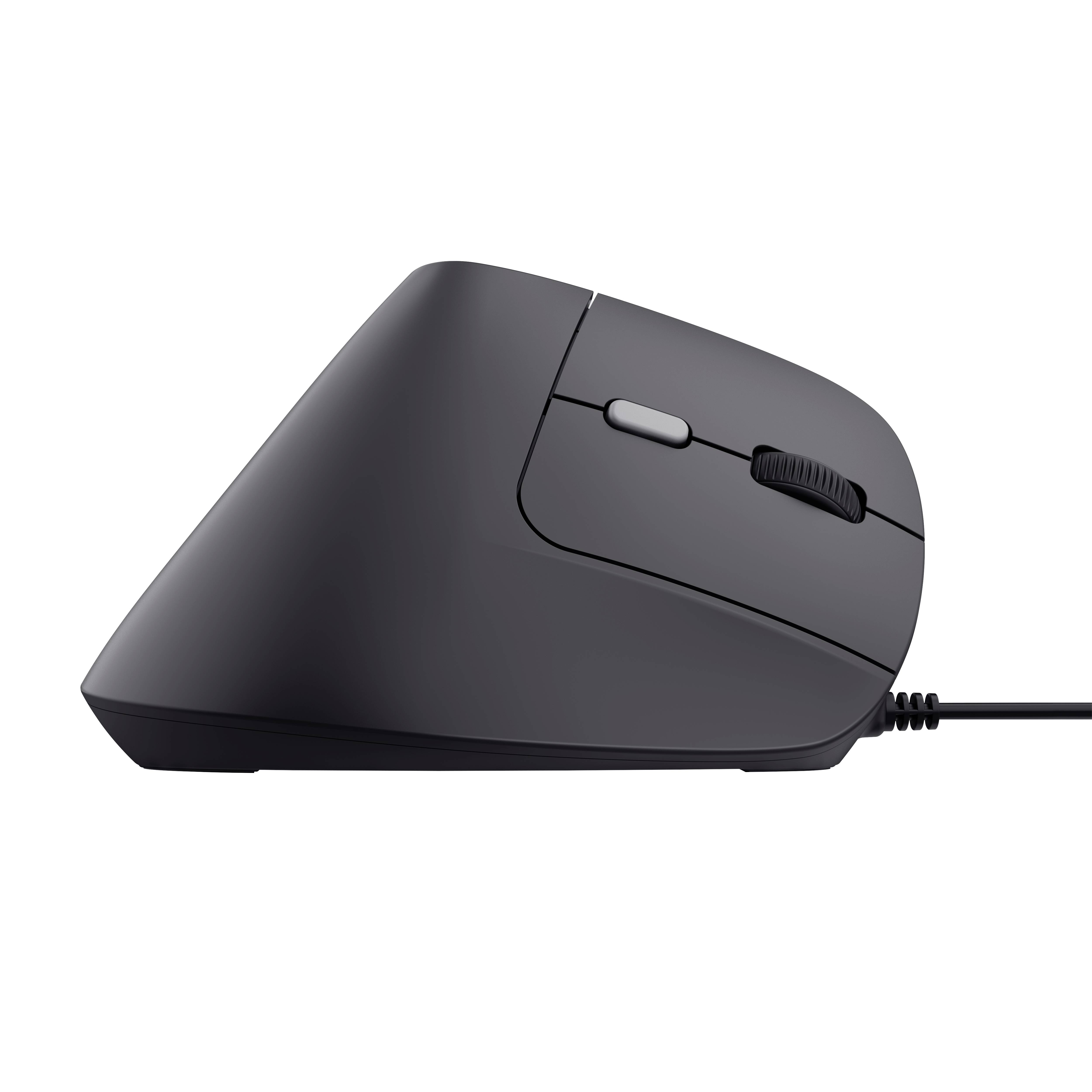 Boční pohled na ergonomickou počítačovou myš. Vertikální tvar podporuje neutrální polohu ruky.