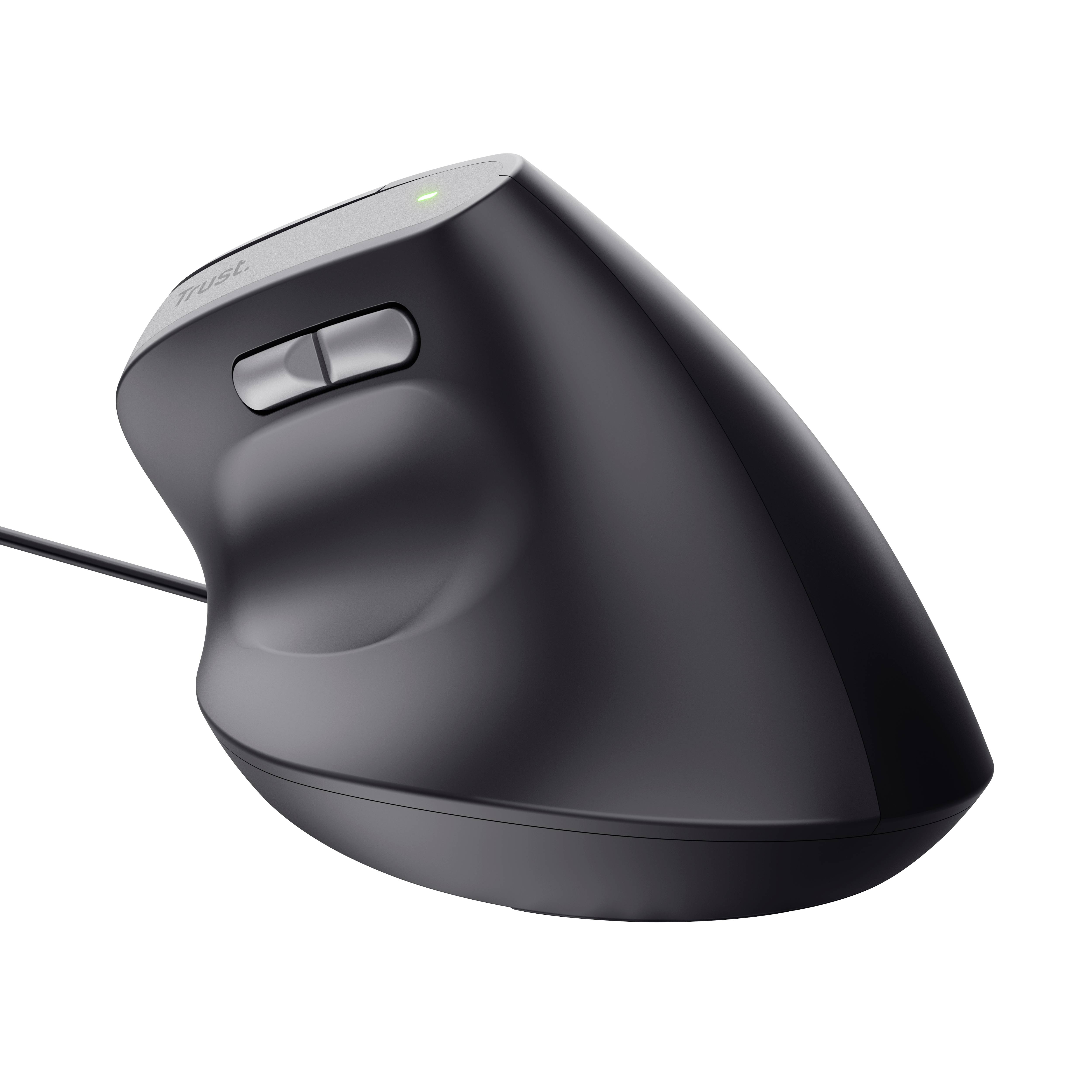 Černá vertikální myš s kabelem, ergonomický design, dvě tlačítka pro palec, vhodná ke snížení zátěže zápěstí.