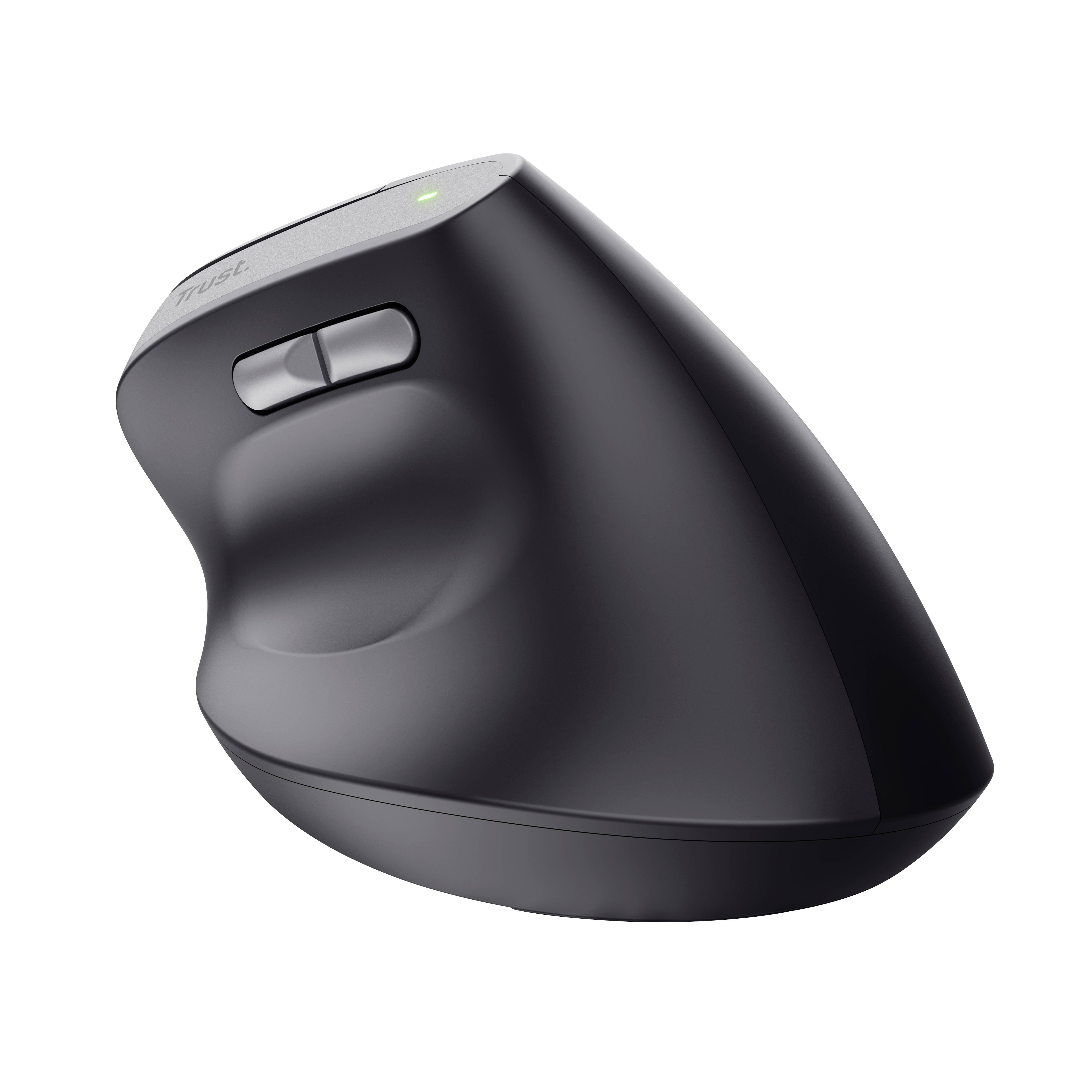 Ergonomická vertikální myš v černé barvě, navržená ke snížení zátěže zápěstí, se dvěma tlačítky pro palec.