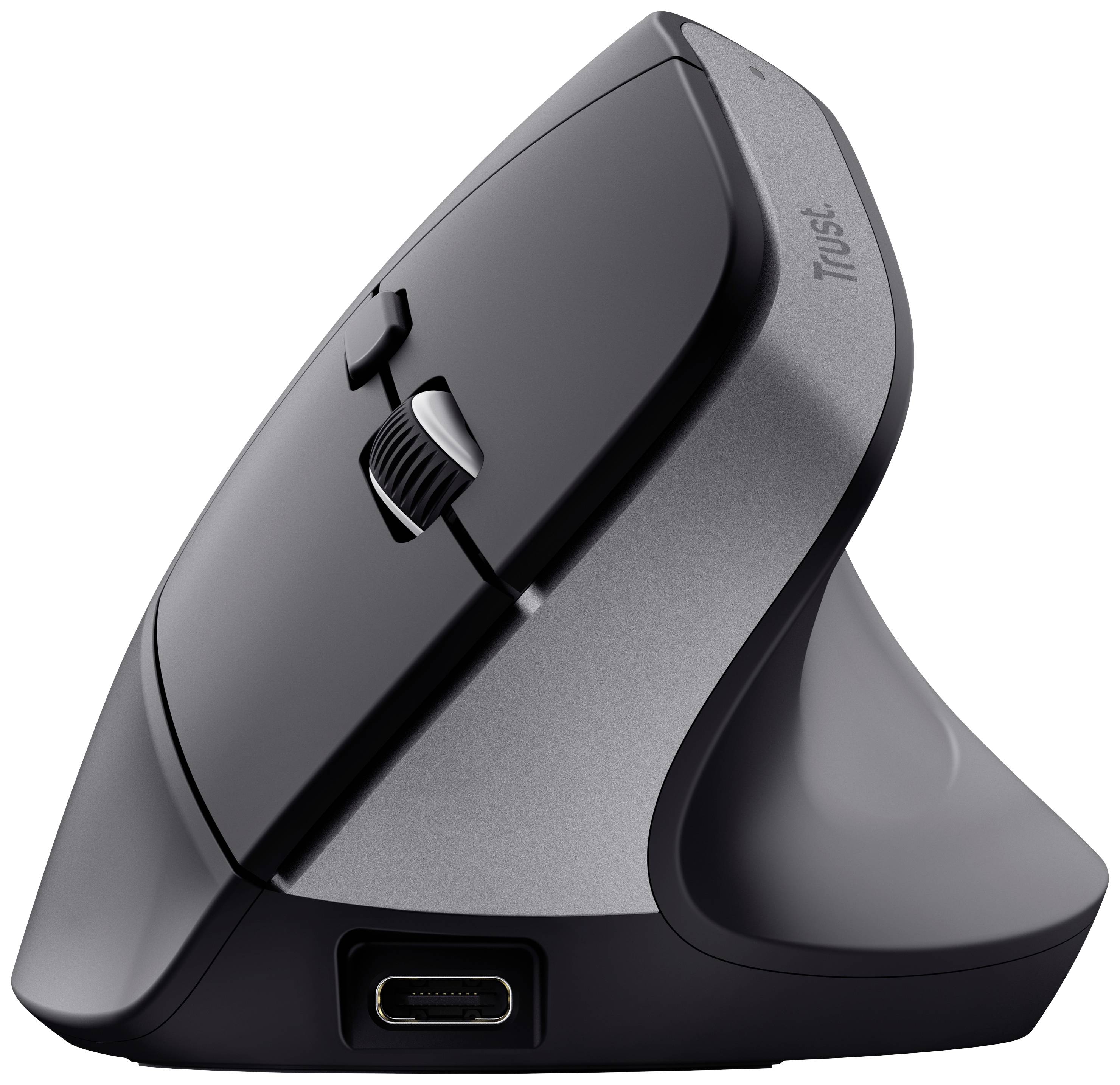 Ergonomická vertikální počítačová myš s tlačítky pro palec a konektorem USB-C, vhodná pro pohodlné umístění ruky.