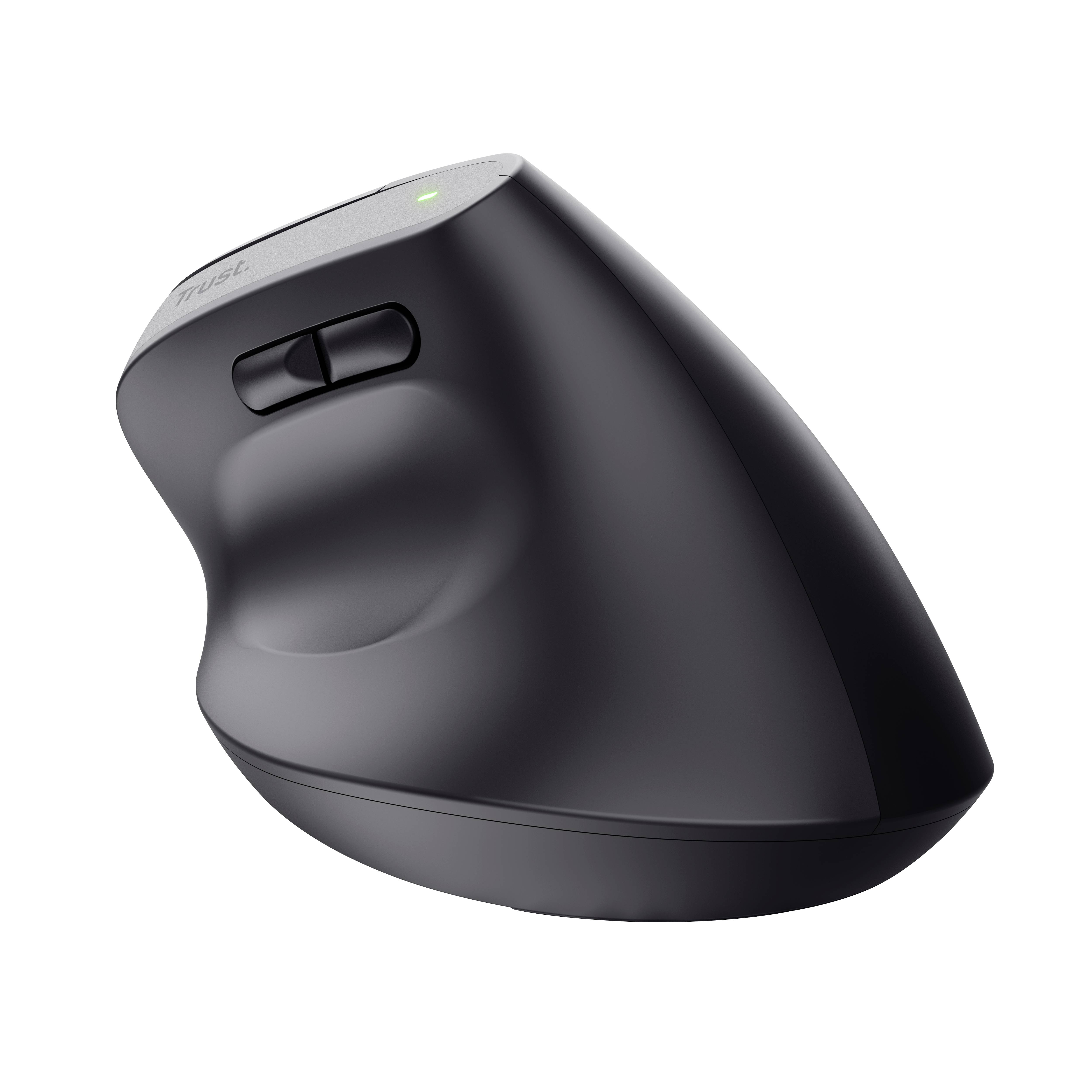 Ergonomická, vertikální počítačová myš se dvěma tlačítky a kolečkem pro posun, navržená pro pohodlnou a šetrnou práci k zápěstí.