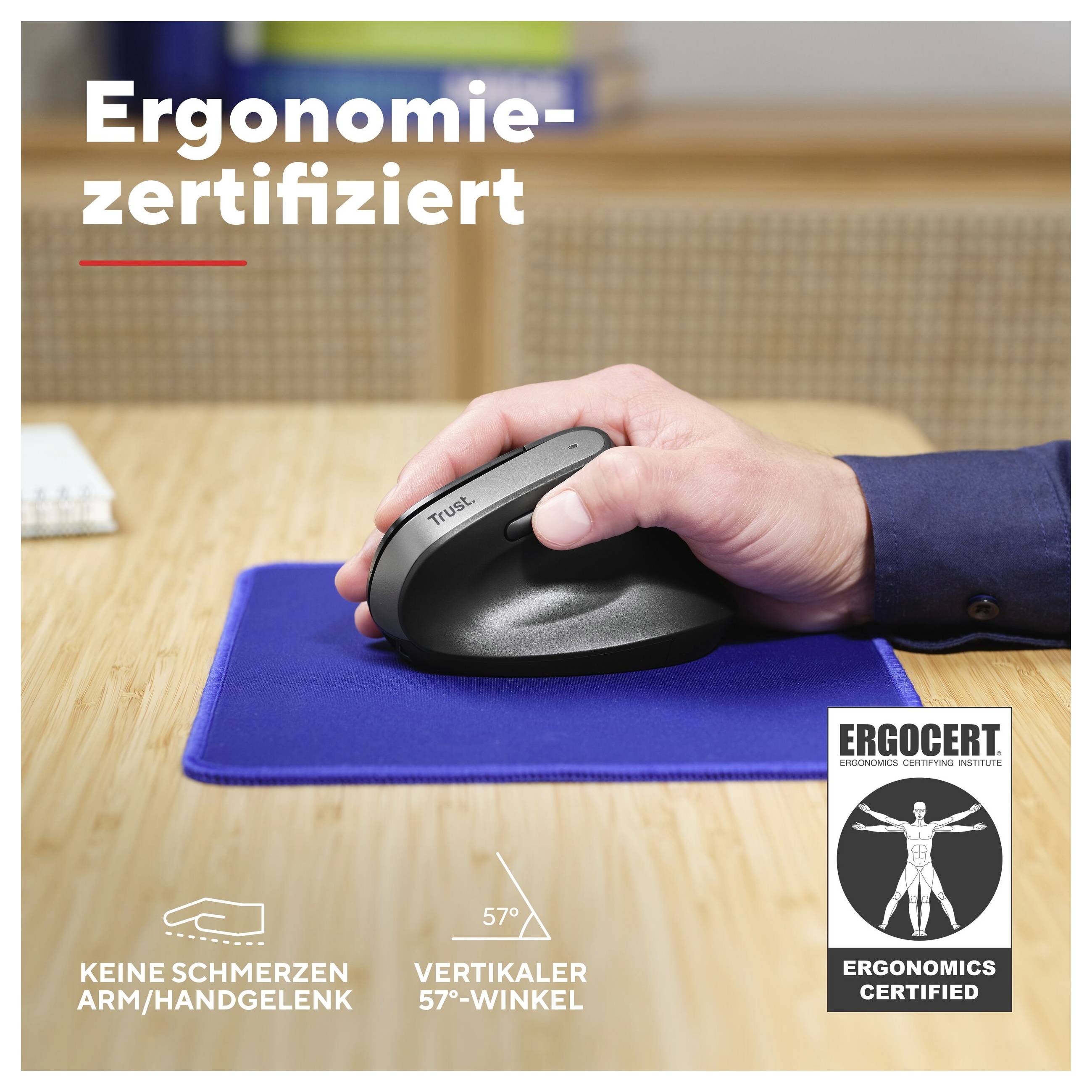 Jedna ruka obsluhuje ergonomickou vertikální myš na modré podložce pod myš. Text: 'Certifikováno z hlediska ergonomie'.