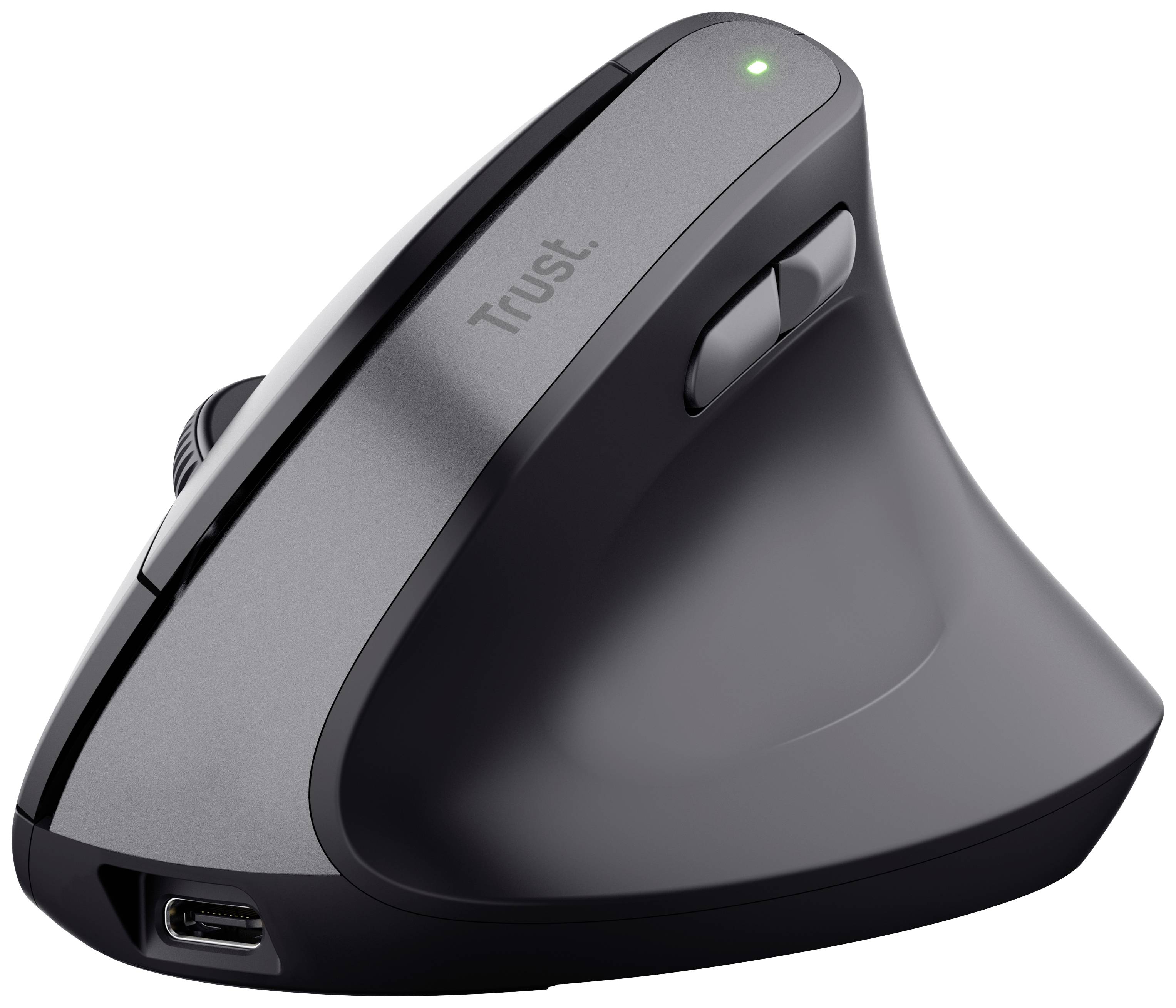 Černá vertikální ergonomická myš s osvětleným zeleným bodem na horní straně, USB připojením a dvěma funkčními tlačítky.