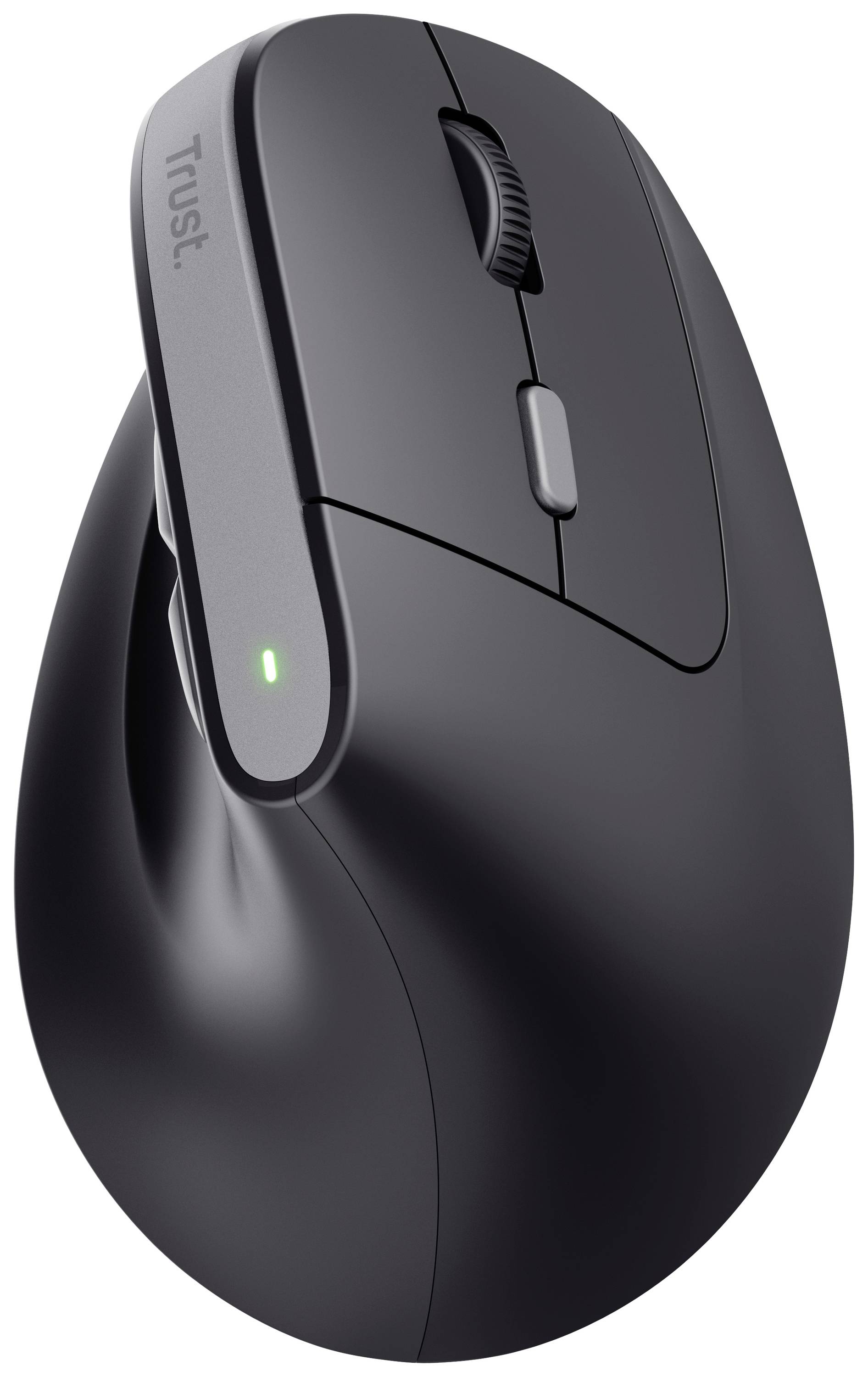 Černá ergonomická počítačová myš s kolečkem pro posun a LED indikátorem stavu baterie na levé straně.