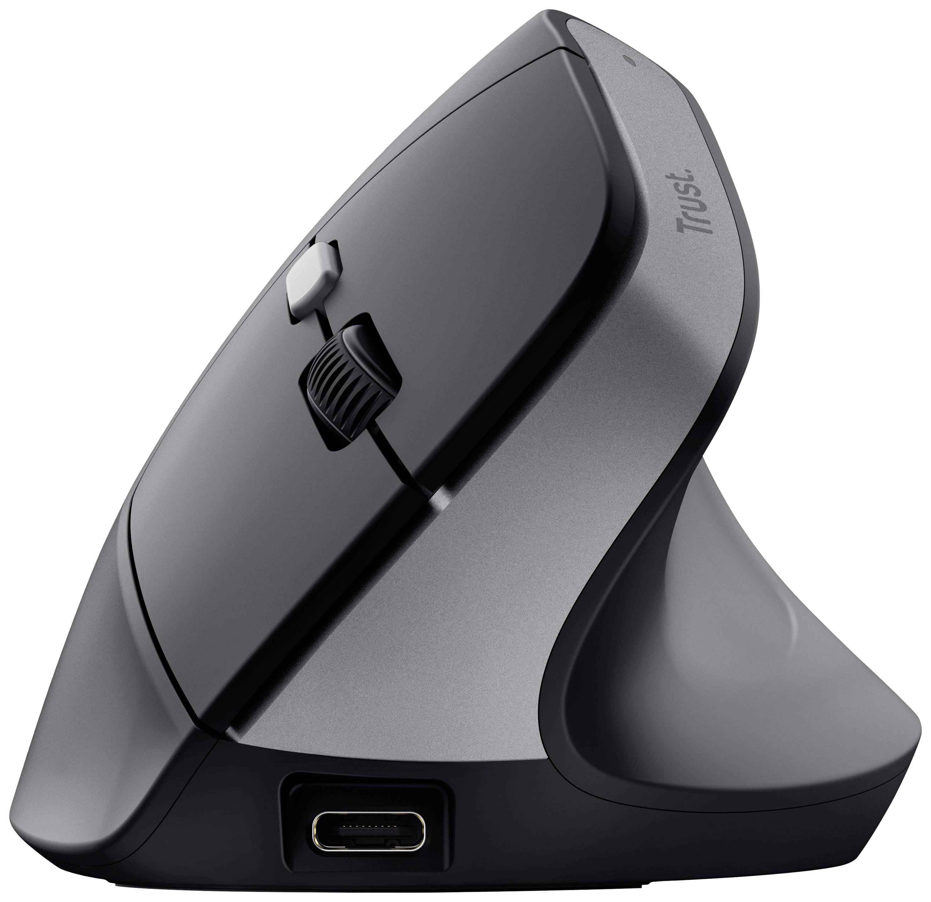 Vertikální ergonomická myš značky Trust s kolečkem pro posun a USB připojením, pohled z boku, optimalizovaná pro pohodlné uchopení rukou.