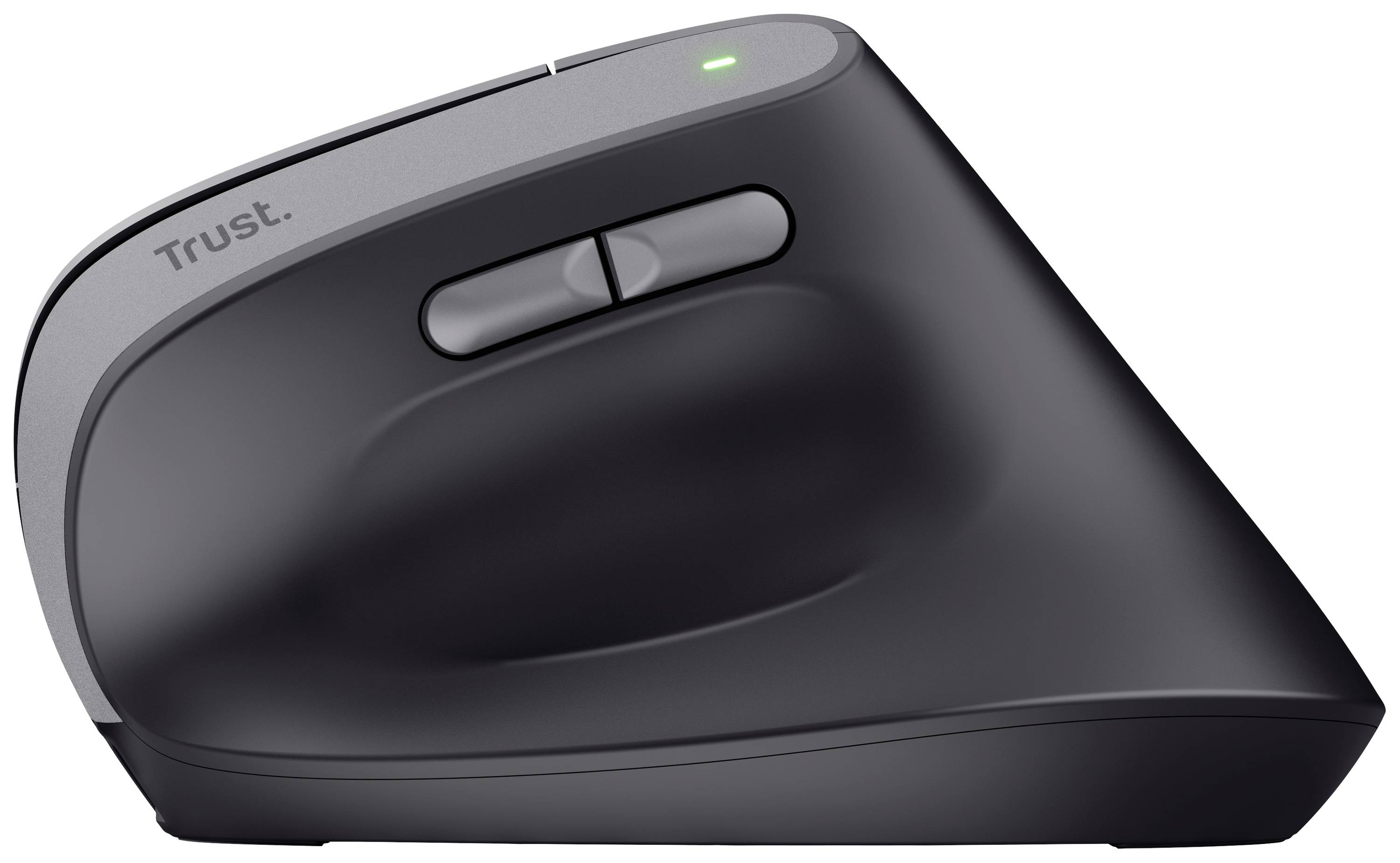 Ergonomická černá myš s vertikálním designem, dvěma tlačítky pro palec a kolečkem pro posun; název značky je vyrytý nahoře.
