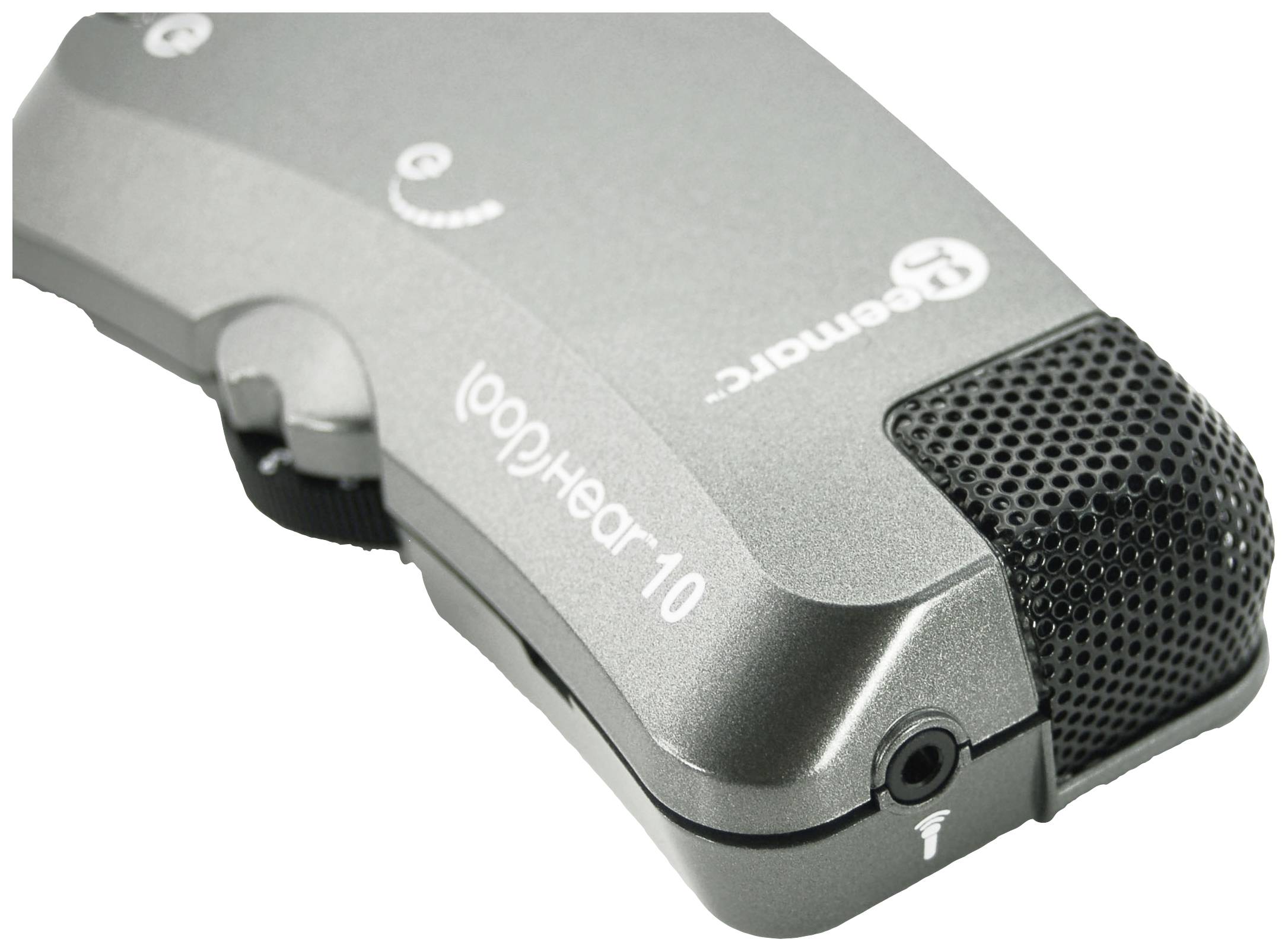 Přenosný naslouchací přístroj s černým reproduktorovým mřížováním, model 'LoopHear10'. Stříbrné pouzdro s ovládacími prvky na horní straně.