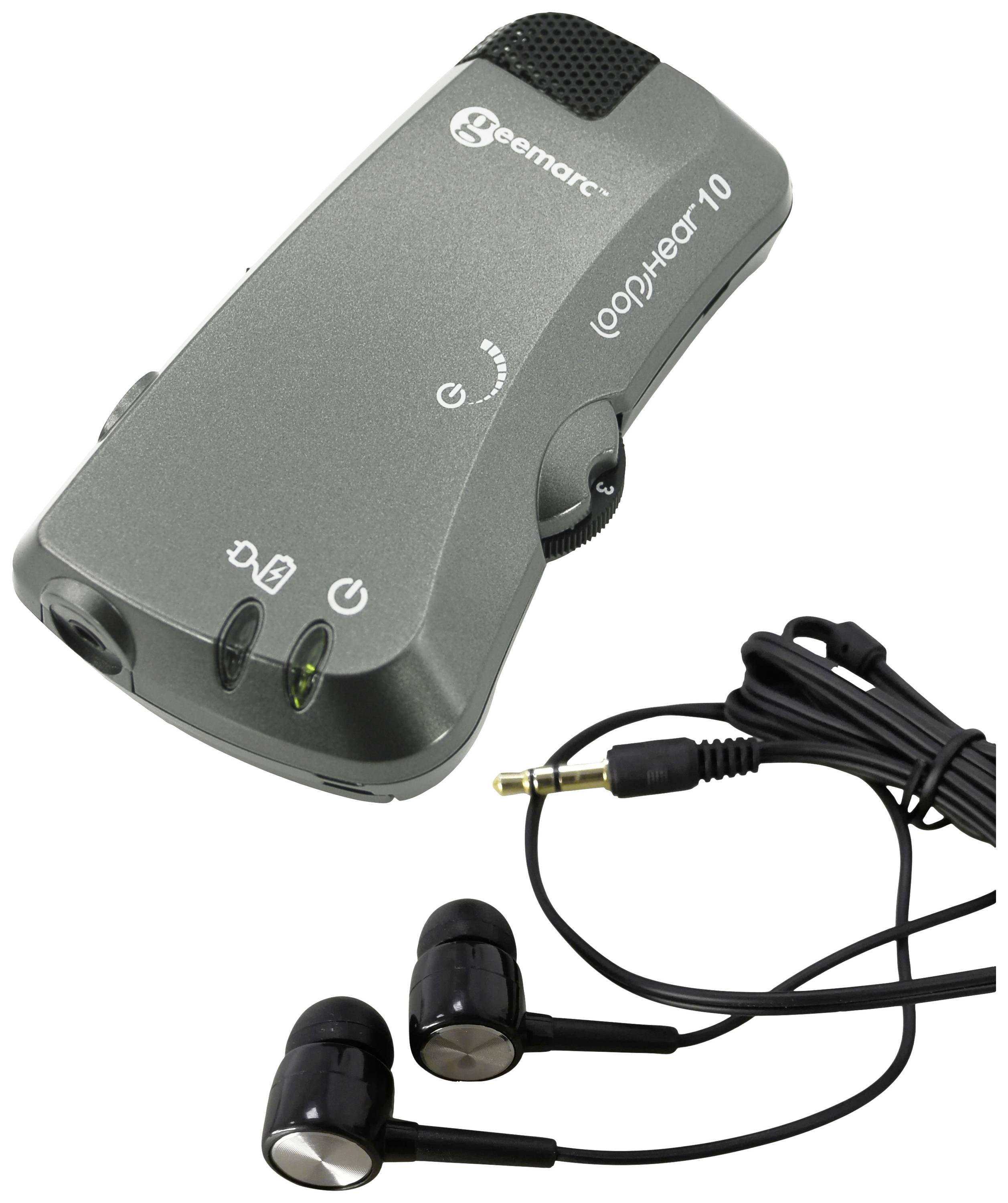 Přenosný zesilovač zvuku s sluchátky a 3,5mm jack konektorem, model 'loopyHear 10', šedé barvy, zobrazující ovladač hlasitosti a ovládací prvky.