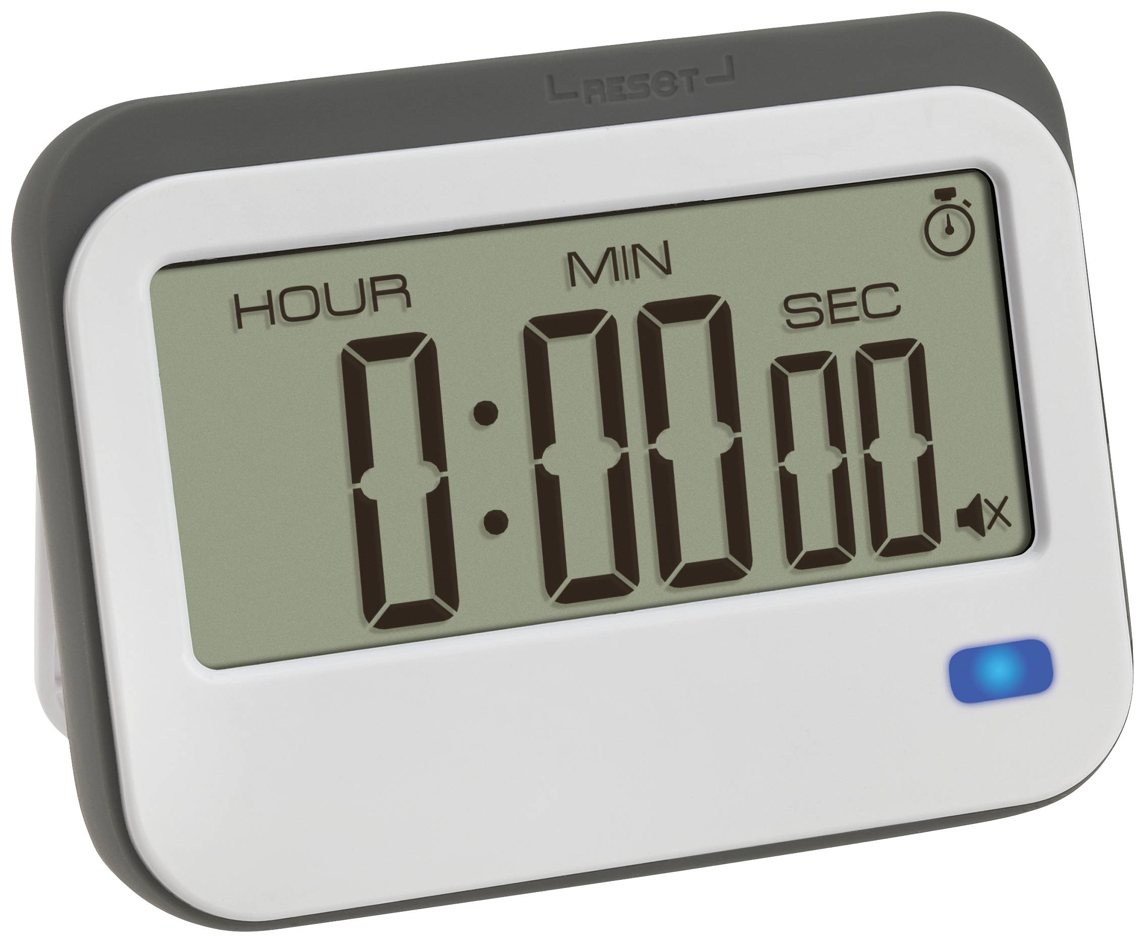 Digitální stopky s velkým displejem zobrazujícím '0:00:00'. Tlačítko Start/Stop v pravém dolním rohu, symbol reproduktoru.