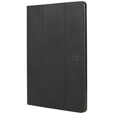 Černý, robustní obal na tablet v portrait orientaci, který ukazuje jemnou texturu s viditelným švem a logem uprostřed.