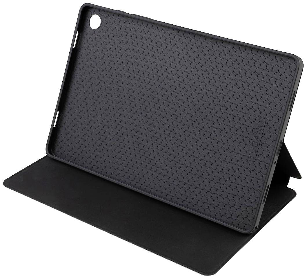 Černý obal na tablet se včelím plástvovým vzorem leží otevřený na stole. Poskytuje stabilní držák pro tablet.