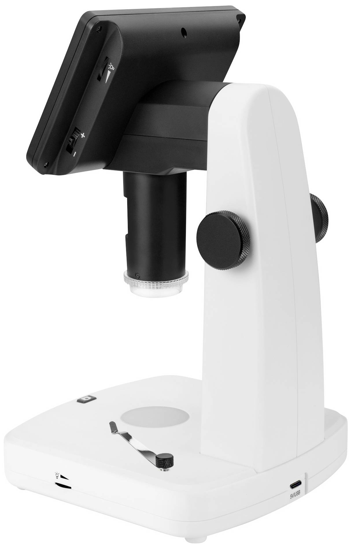 Bílý digitální mikroskop s černou obrazovkou a dvěma nastavovacími knoflíky, vhodný pro vědecký výzkum.