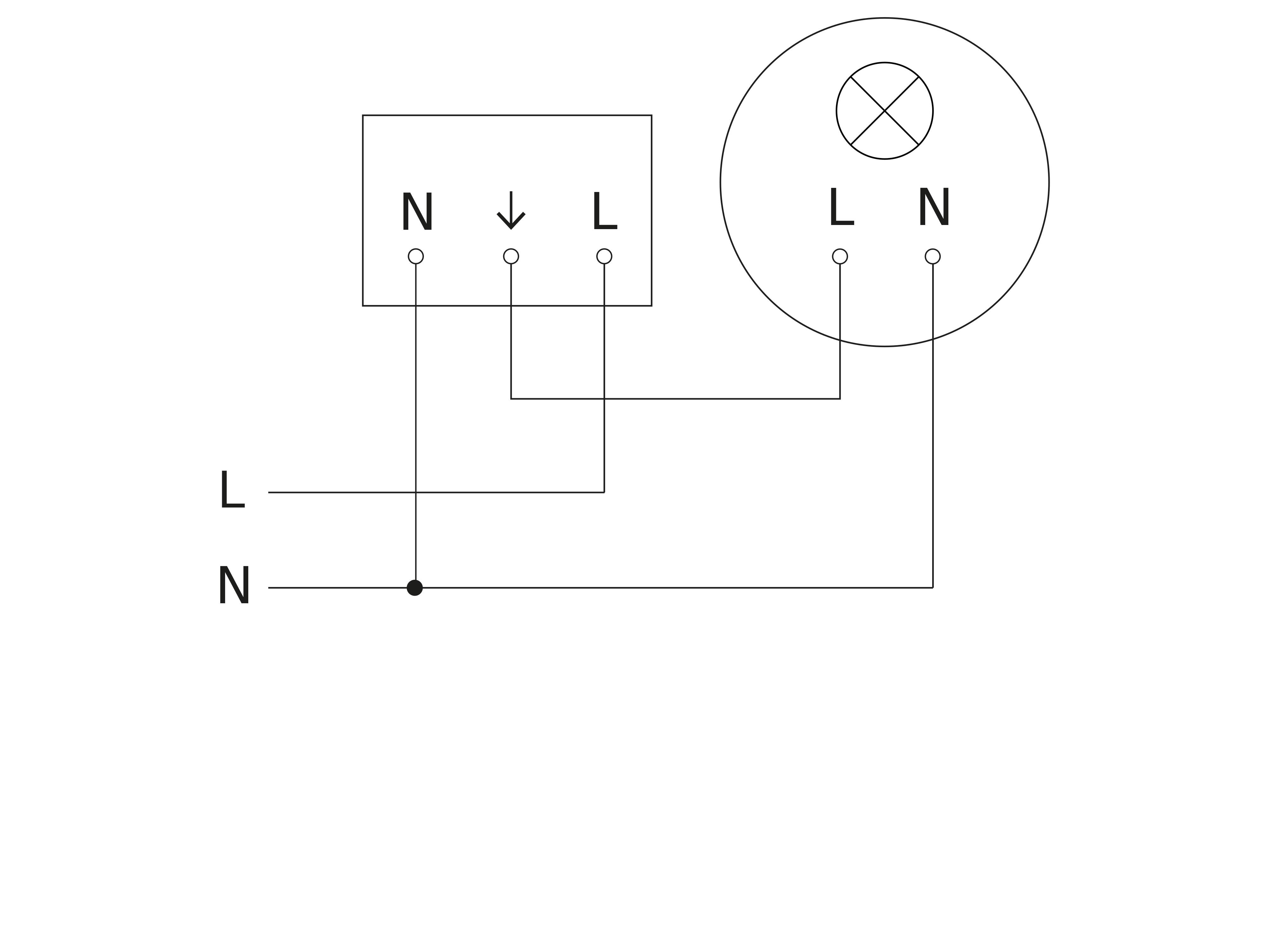 Schéma střídavého elektrického obvodu: Vlevo dva propojené čtverce 'N' a '↓', vpravo kruh s propojenými body 'L' a 'N'.