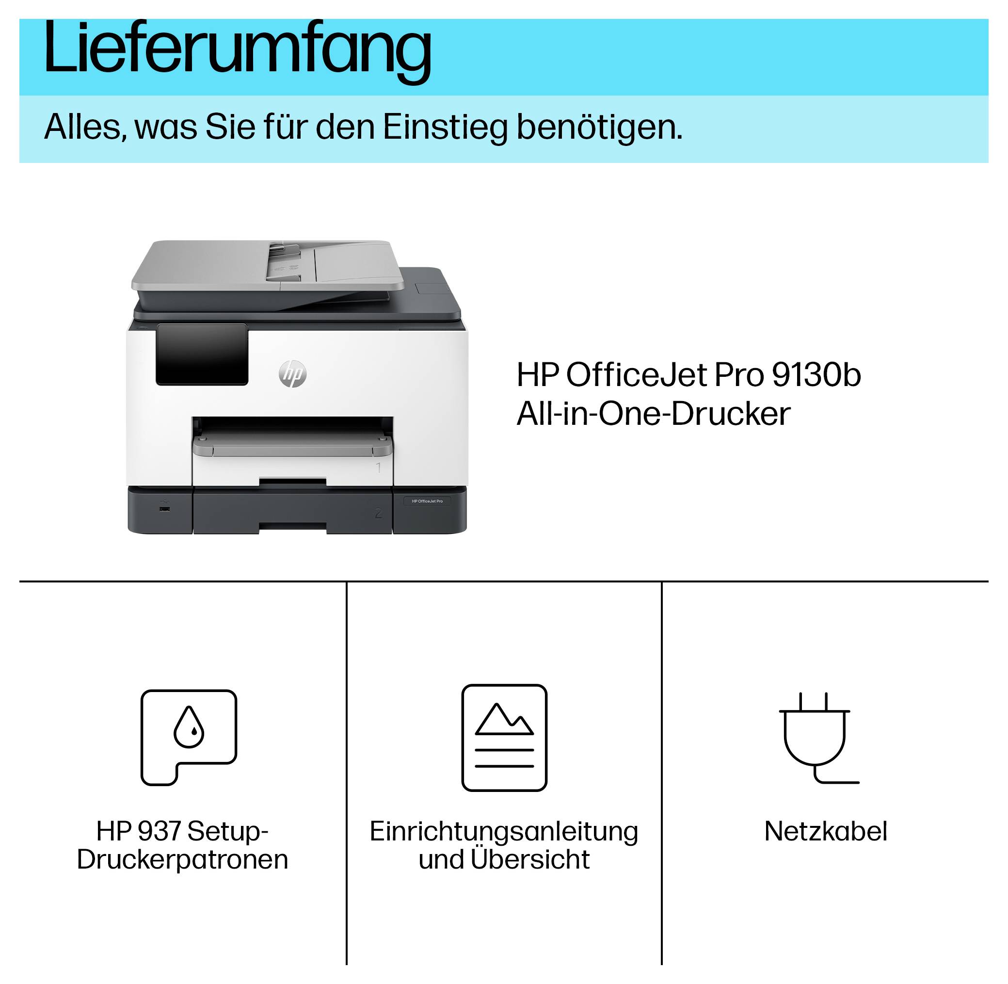 Balíček HP OfficeJet Pro 9130b multifunkční tiskárna obsahuje: tiskárnu, originální inkoustové cartridge HP 937, průvodce nastavením a napájecí kabel.
