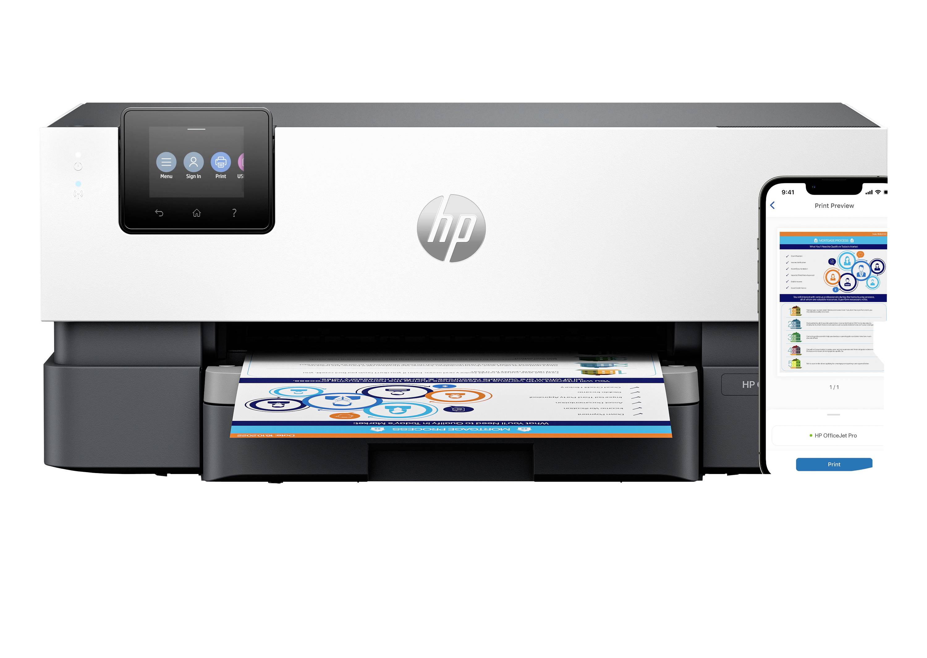 Tiskárna HP znázorněná při tisku barevného dokumentu, s displejem dotyková panel ovládání a náhledem tisku na chytrém telefonu vedle ní.
