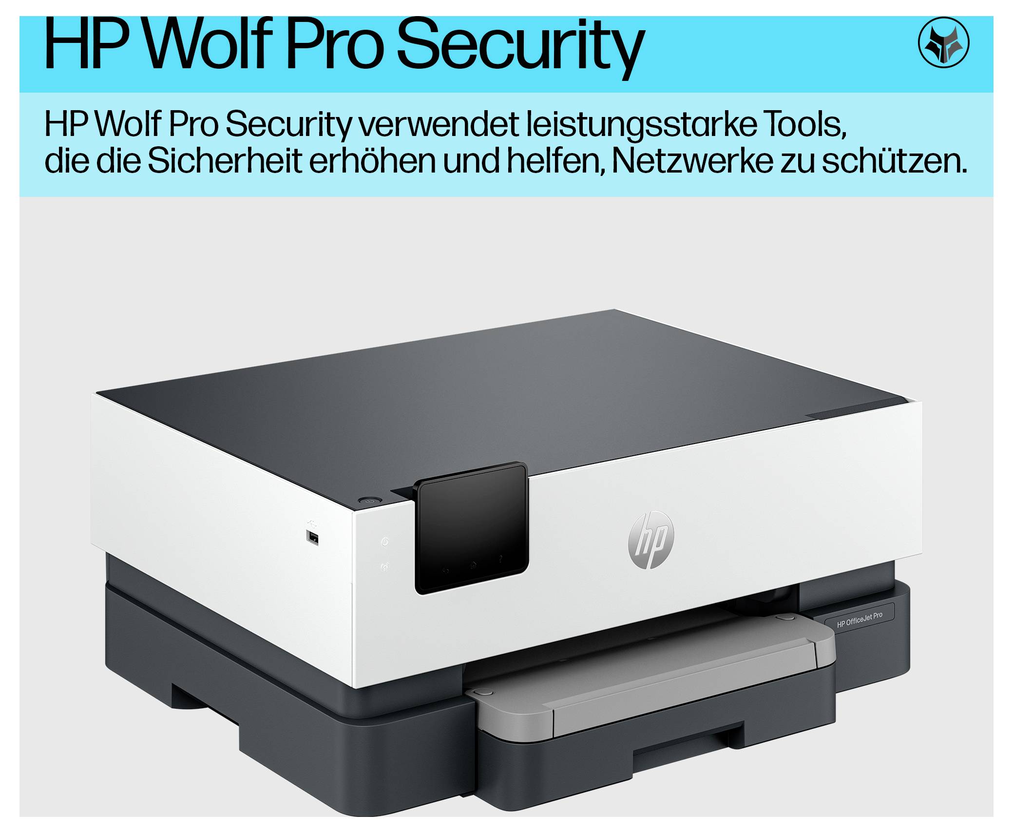 HP Wolf Pro Security tiskárna s obrázkem s německým textem: "používá výkonné nástroje, které zvyšují bezpečnost a pomáhají chránit sítě."
