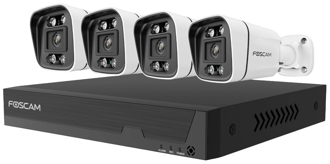 Čtyři bezpečnostní kamery a digitální videorekordér (DVR) od společnosti Foscam pro bezpečnostní systémy.