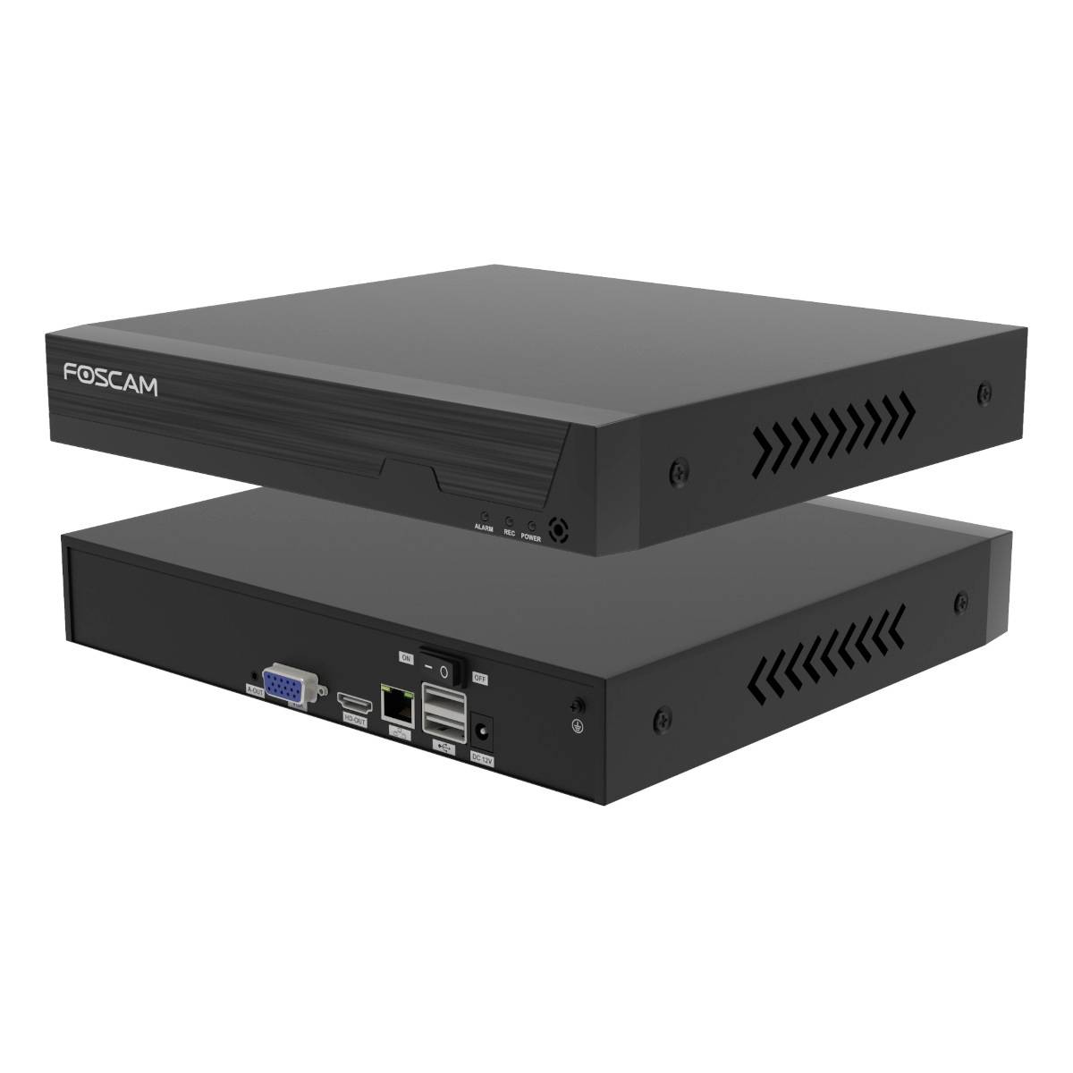 Černý digitální rekordér Foscam s několika možnostmi připojení, včetně USB a VGA, určený pro videomonitorování.