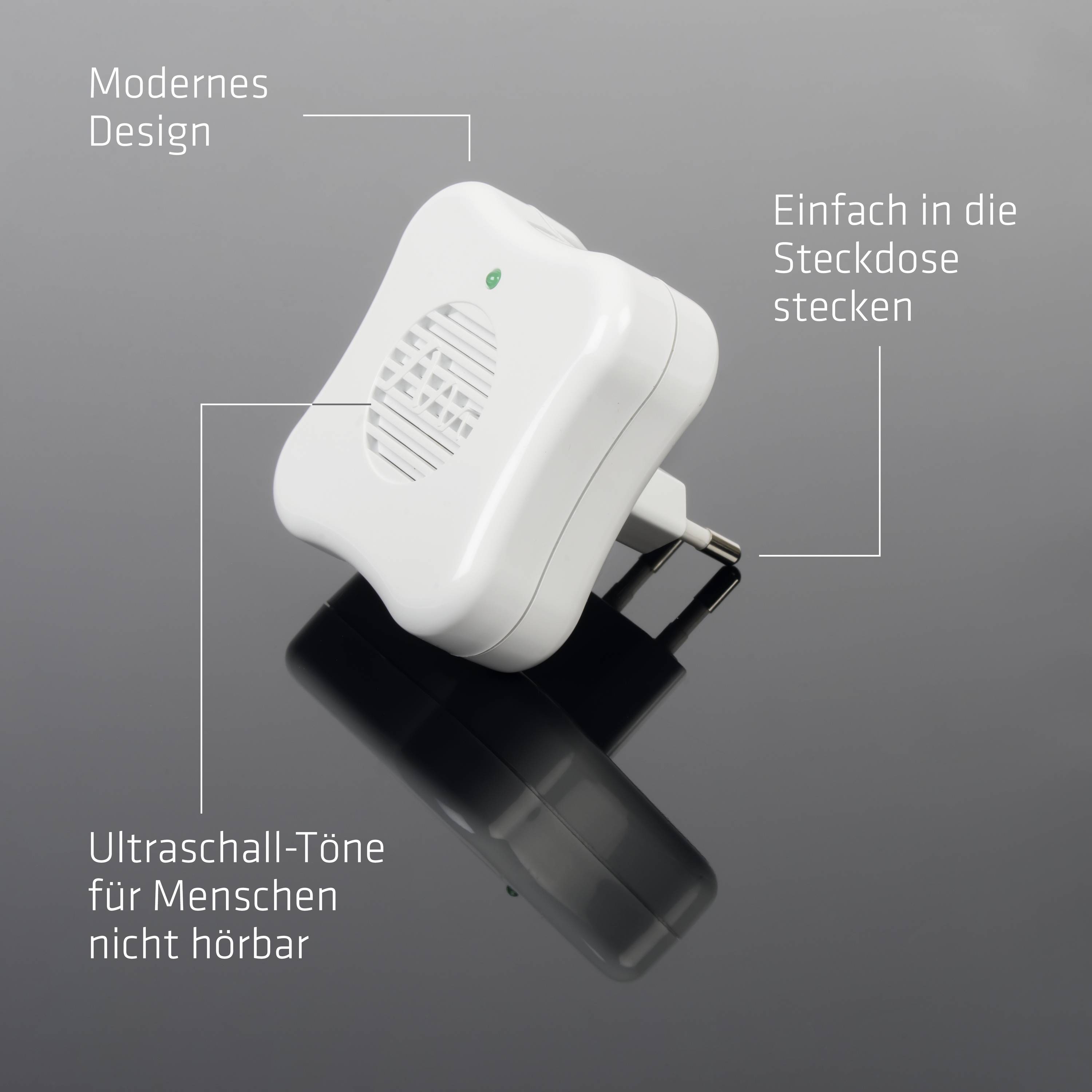 Bílý ultrazvukový přístroj chránící před hmyzem se dvěma zástrčkami. Má moderní design a vydává tóny neslyšitelné pro lidské uši.