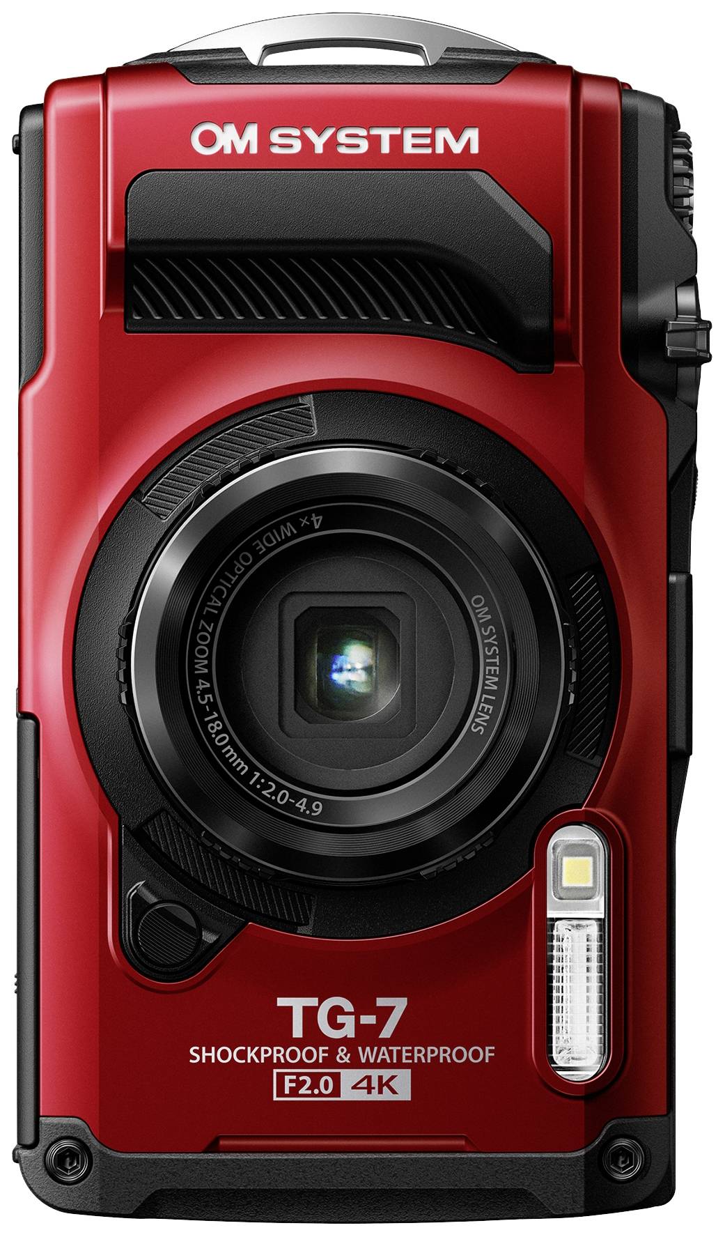 Červená outdoorová kamera, robustní a voděodolná, model 'TG-7' od OM System, clona f2.0, nahrávání videa ve 4K.