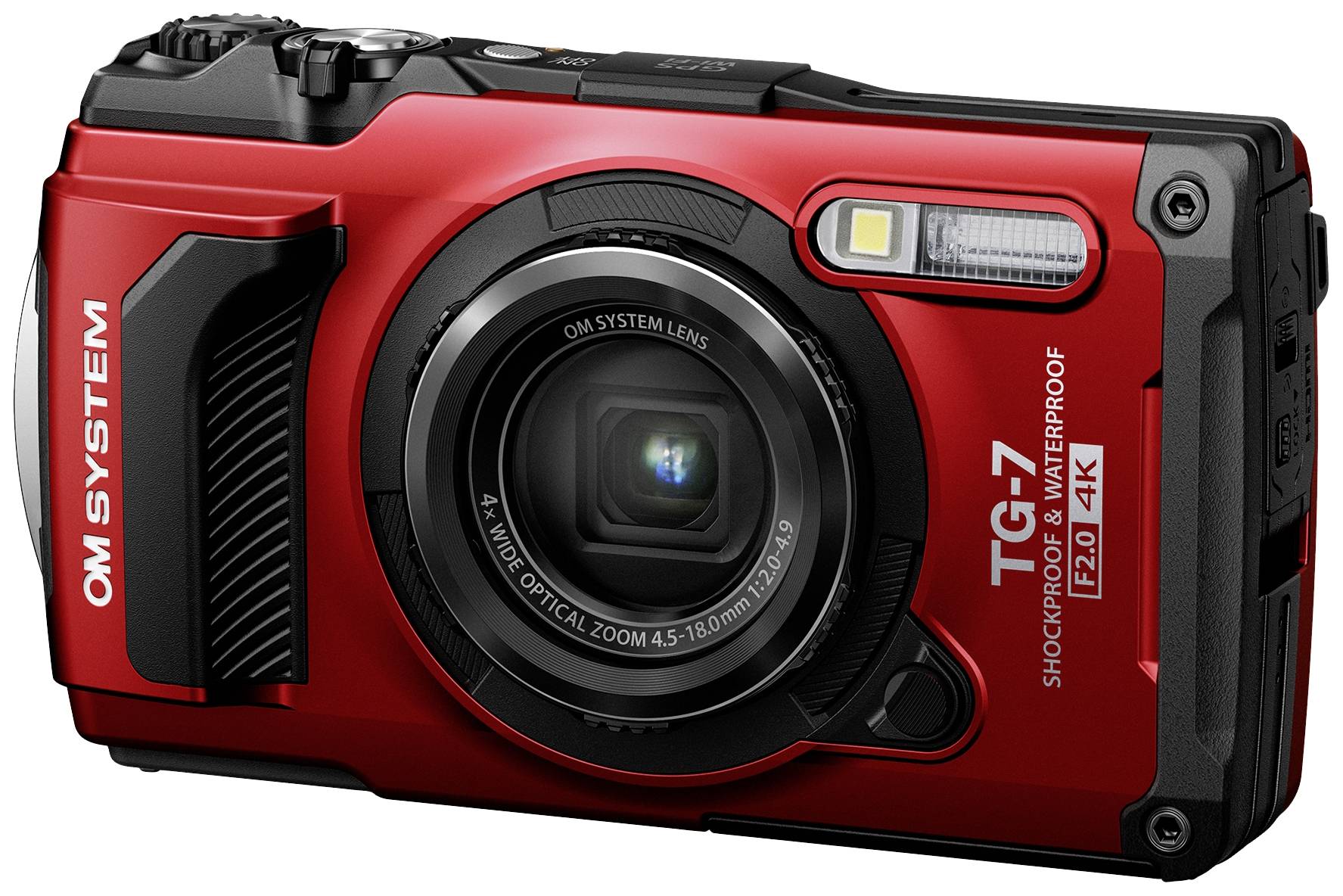 Červený digitální fotoaparát s robustní konstrukcí, velkým objektivem a bleskem, vhodný pro outdoorovou fotografii, označený nápisem 'OM System TG-7'.