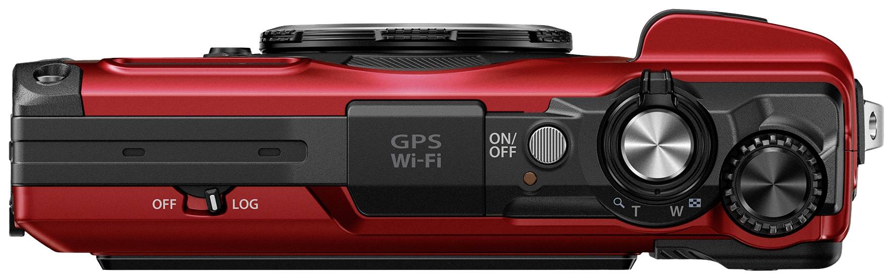 Červený digitální fotoaparát s GPS a WiFi funkcí, pohled shora, zobrazuje tlačítka pro zapnutí/vypnutí a volbu režimu. Vlevo přepínač pro zapnutí/vypnutí a logging.
