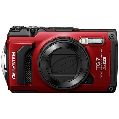 Černočervený digitální fotoaparát, odolný proti prachu a nárazům, s funkcí 4K nahrávání, s textem 'OM SYSTEM' a 'TG-7'.