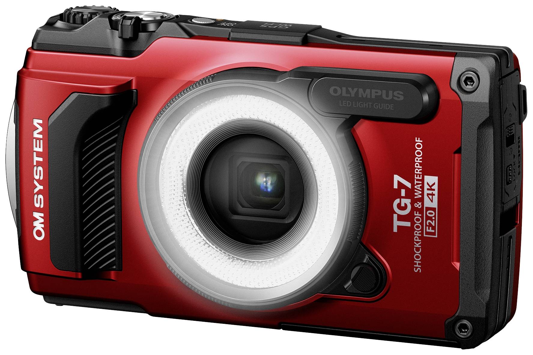 Červený digitální fotoaparát s robustním tělem, voděodolný a nárazuvzdorný, model 'OM System TG-7' od Olympusu, vhodný pro fotografování v exteriéru.