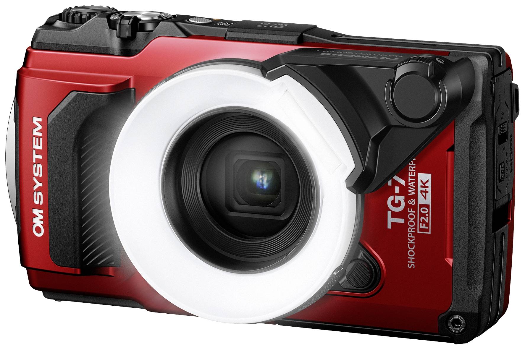 Červený digitální fotoaparát s robustním tělem a nasazeným kruhovým světlem. Je nárazuvzdorný a vodotěsný, vhodný pro dobrodružnou fotografii.