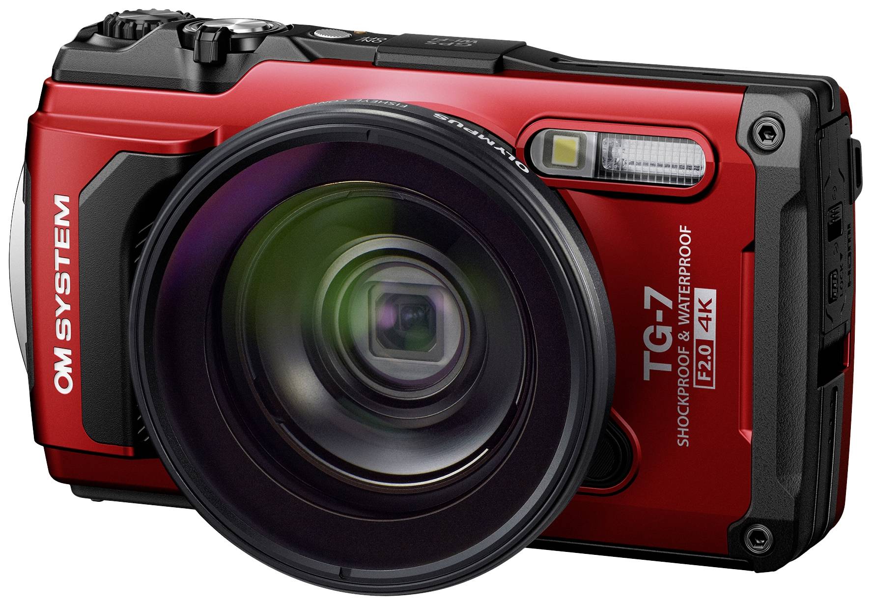 Červený, nárazuvzdorný a vodotěsný digitální fotoaparát s velkým objektivem, vhodný pro natáčení ve 4K rozlišení.