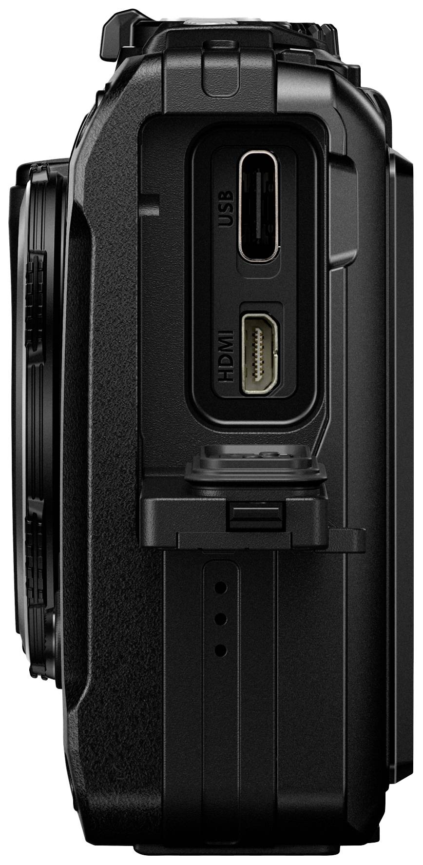 Boční pohled na fotoaparát s USB a HDMI porty. Konektory jsou volně přístupné, vhodné pro přenos dat a výstup videa.