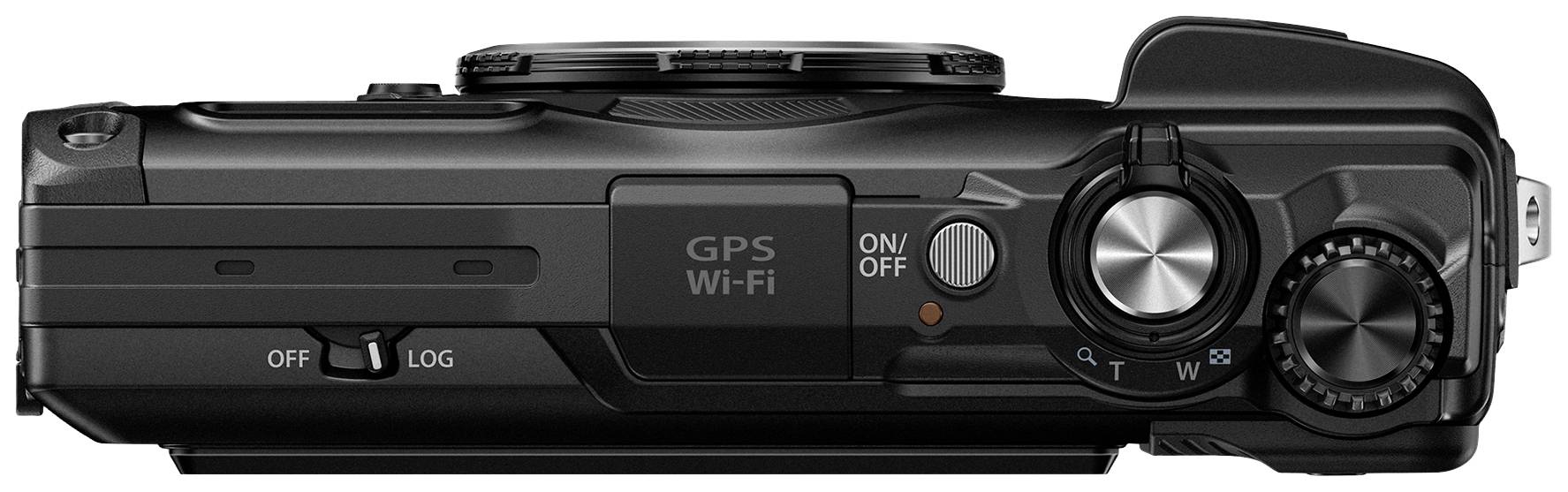 Digitální fotoaparát pohledem shora, zobrazující ovládací prvky jako vypínač, volič režimů a tlačítka pro GPS a Wi-Fi.