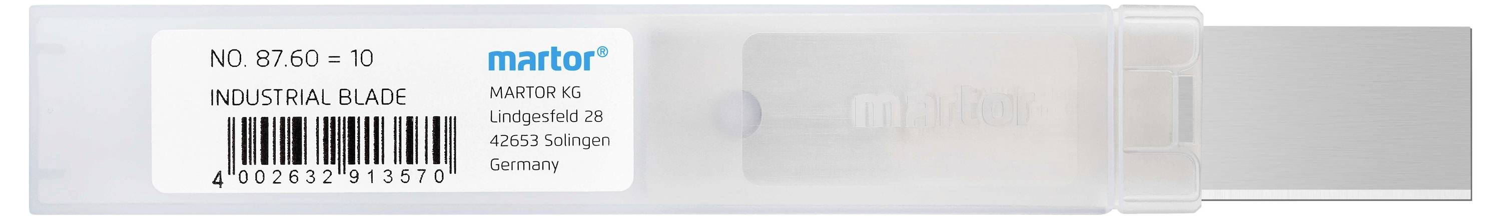 Průhledný plastový obal s etiketou 'Industrial Blade' zobrazující výrobní informace a čárový kód. Obsahuje průmyslovou čepel.