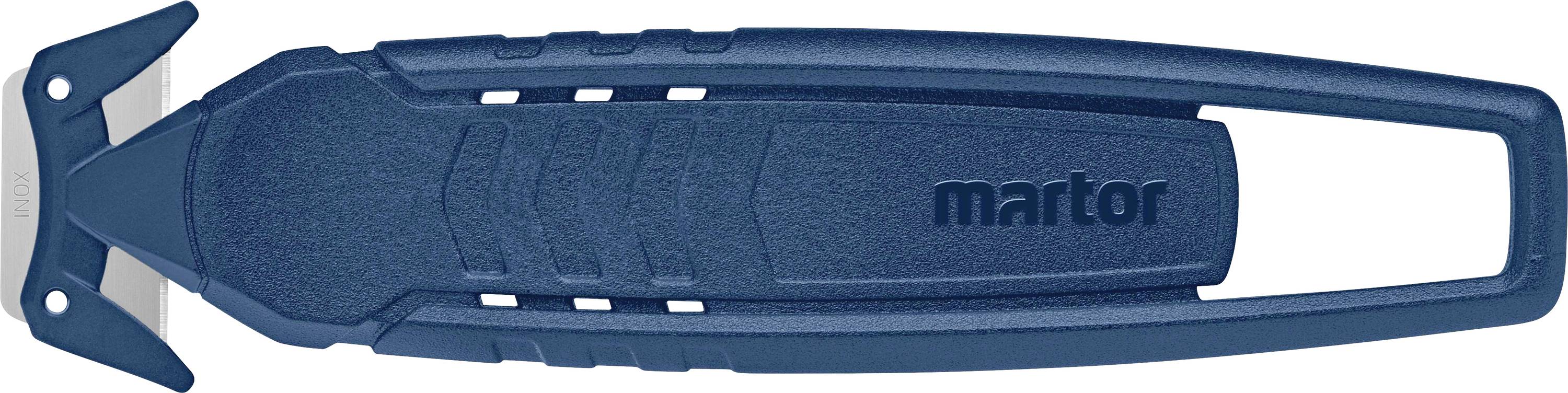 Modré bezpečnostní řezací nože s ergonomickou rukojetí, vhodné pro řezání různých materiálů.