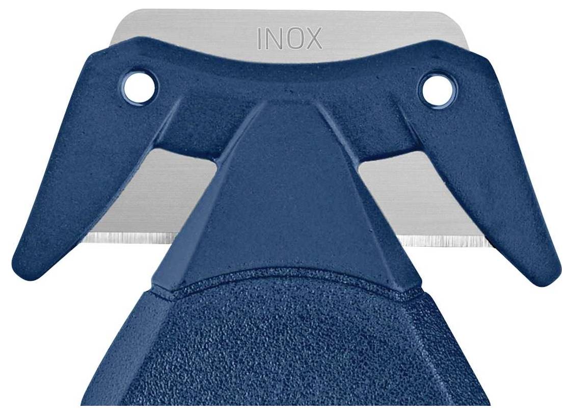 Modrá škrabka s nerezovou čepelí. Na čepeli je nahoře nápis 'INOX'. Nástroj určený k odstraňování barvy.