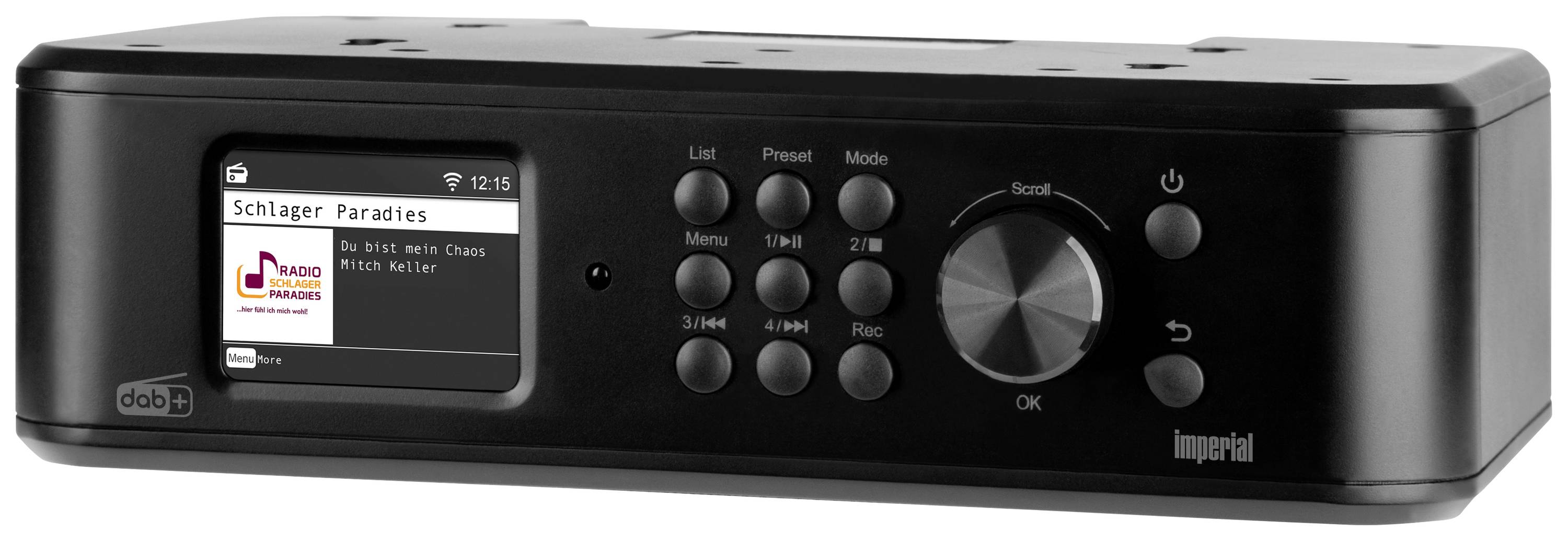 Černé rádio DAB+ s displejem. Na obrazovce je nápis 'Schlager Paradies'. Vlevo od displeje se nachází několik ovládacích tlačítek.