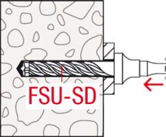 Špička vrtáku ve zdi s označením 'FSU-SD'. Ukazuje umístění vrtáku v materiálu.