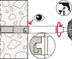 Návod na vrtání do zdi: Znázorňuje vrtací nástroj ve zdi s šipkou pro odstraňování. Symbol pro ochranu očí, detaily k upevnění.