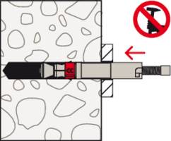 Ilustrace znázorňuje kotevní šroub v betonové stěně s červeným značením a šipkou na pravé straně. Vedle je přeškrtnutý hřebík.
