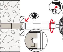 Technický výkres šroubu, který je zašroubován skrz stěnu do hmoždinky umístěné ve stěně; zobrazuje příčný řez mechanismu.