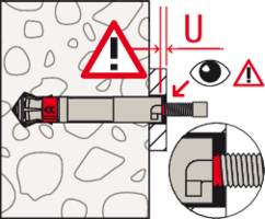 Diagram kotvení do zdi s bezpečnostními upozorněními. Zobrazuje vzdálenosti, povrch betonu a správné umístění. Obsahuje symboly bezpečnosti.