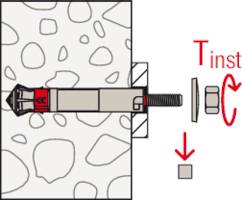 Instalace 'Tinst' zobrazuje šroub s hmoždinkou v montážním otvoru ve zdi. Šipky ukazují směr otáčení a postup instalace.