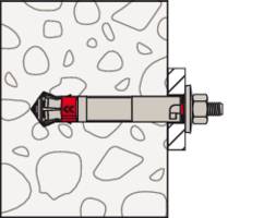 Nástěnný upevňovací prvek s kotevním šroubem fixovaným v betonu. Kotva je zajištěna otočným pohybem.