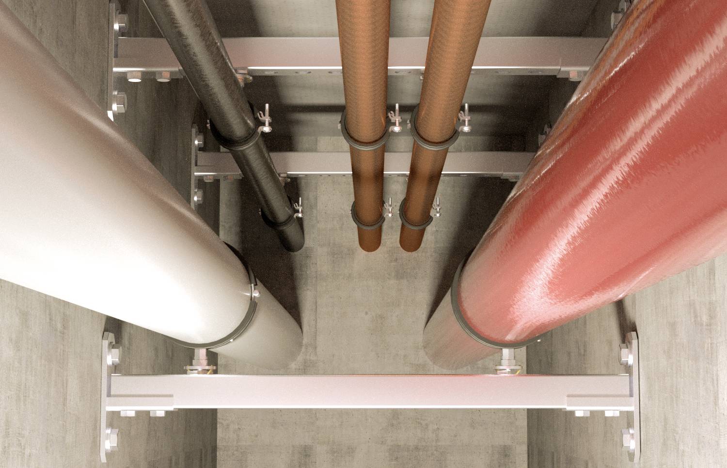 Potrubí v šachtě pohledem zespodu. Různé barvy označují rozdílné funkce nebo materiály.