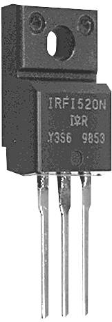 Tranzistor TO-220 s označením 'IRF1520N'. Má tři kovové vývody a upevňovací otvor nahoře.